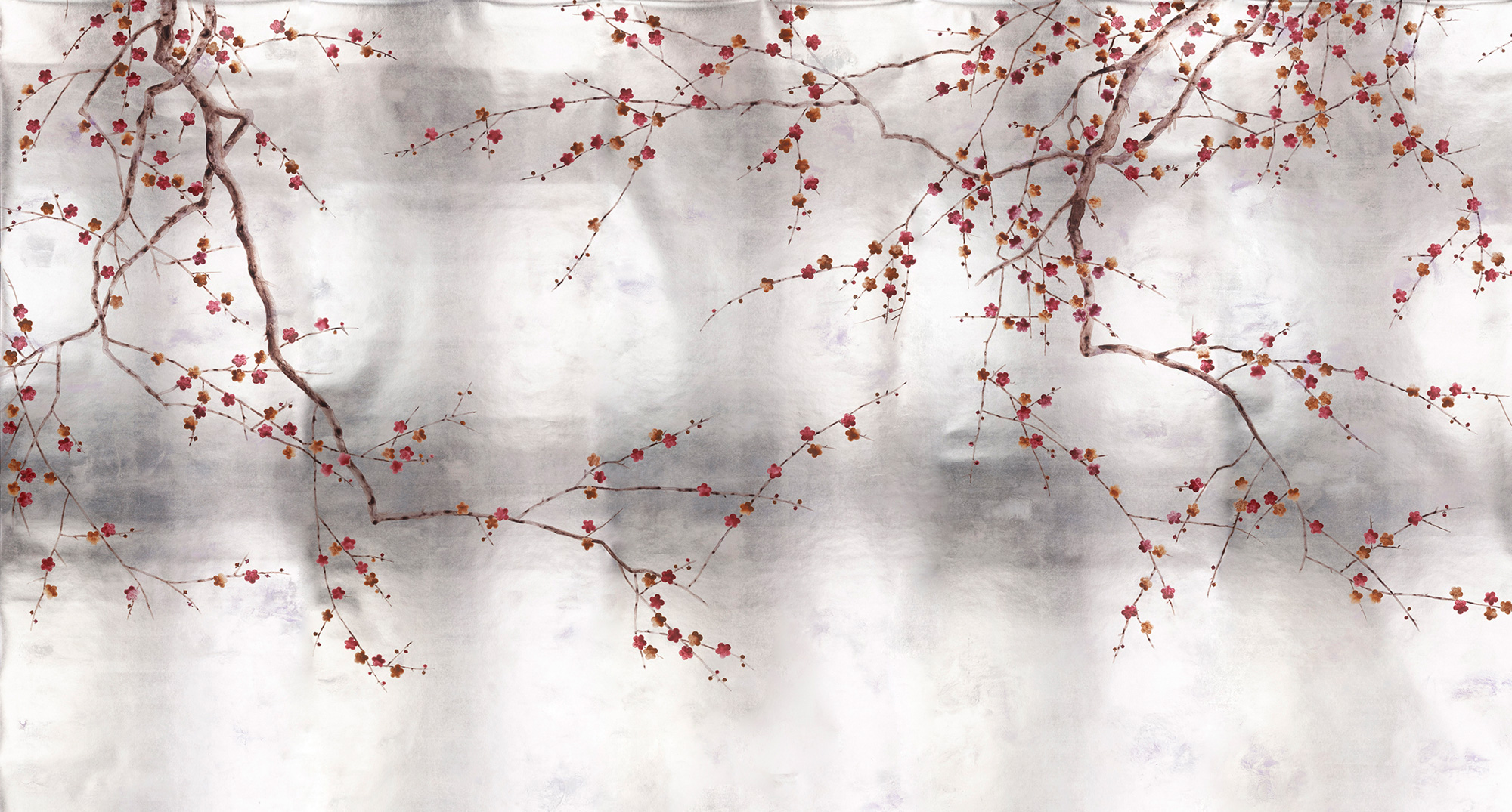 Обои ручная роспись Plum Blossom Original colourway on Tarnished Silver gilded paper with pearlescent antiquing Обои ручная роспись Plum Blossom Original colourway on Tarnished Silver gilded paper with pearlescent antiquing - постер Loft-Concept в Барнауле