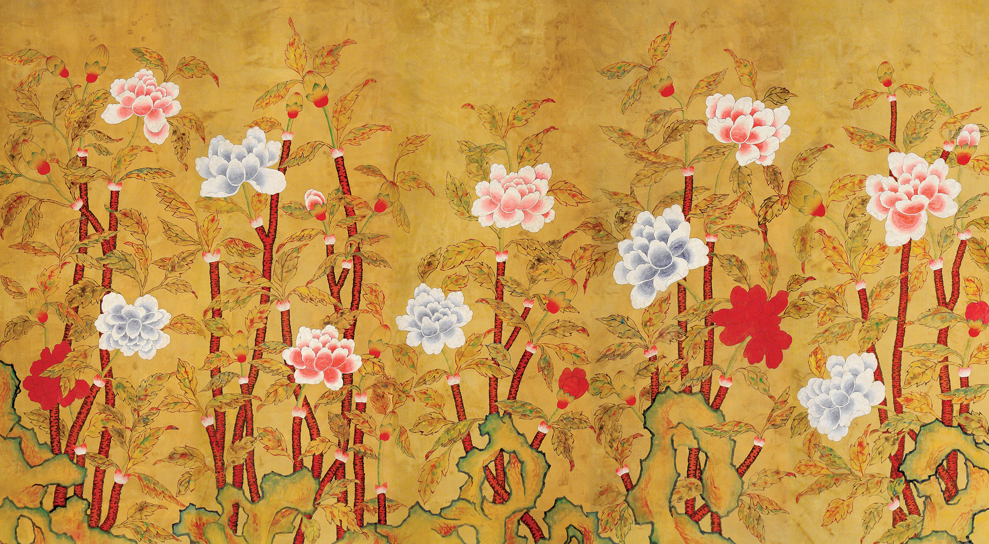 Обои ручная роспись Korean Peony Original colourway on Edo Golden Brown painted silk Обои ручная роспись Korean Peony Original colourway on Edo Golden Brown painted silk - постер Loft-Concept в Барнауле
