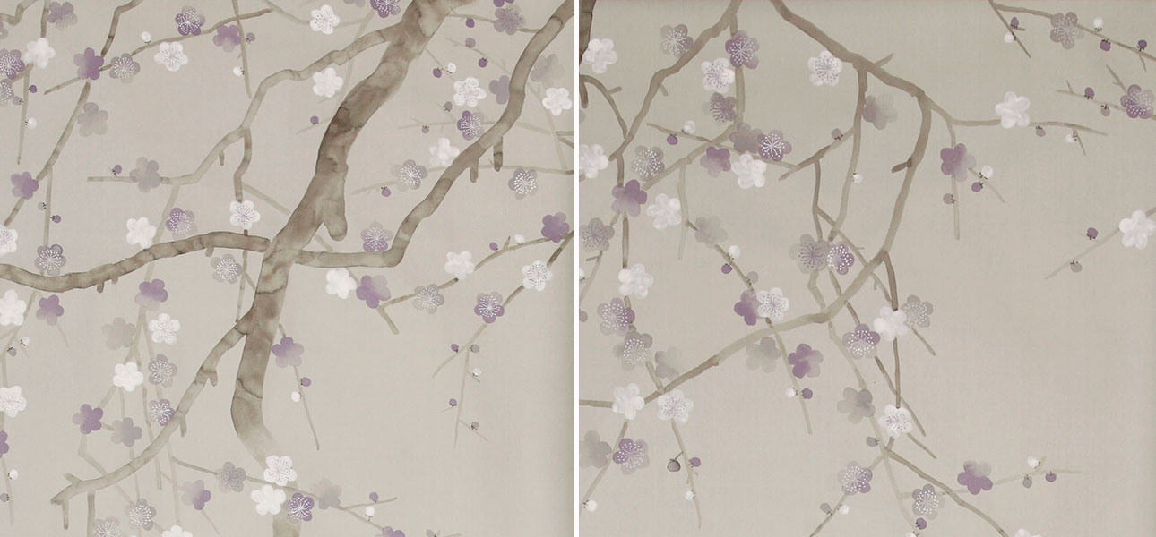 Обои ручная роспись Plum Blossom Special Colourway on Oyster Shell metallic silk - фото