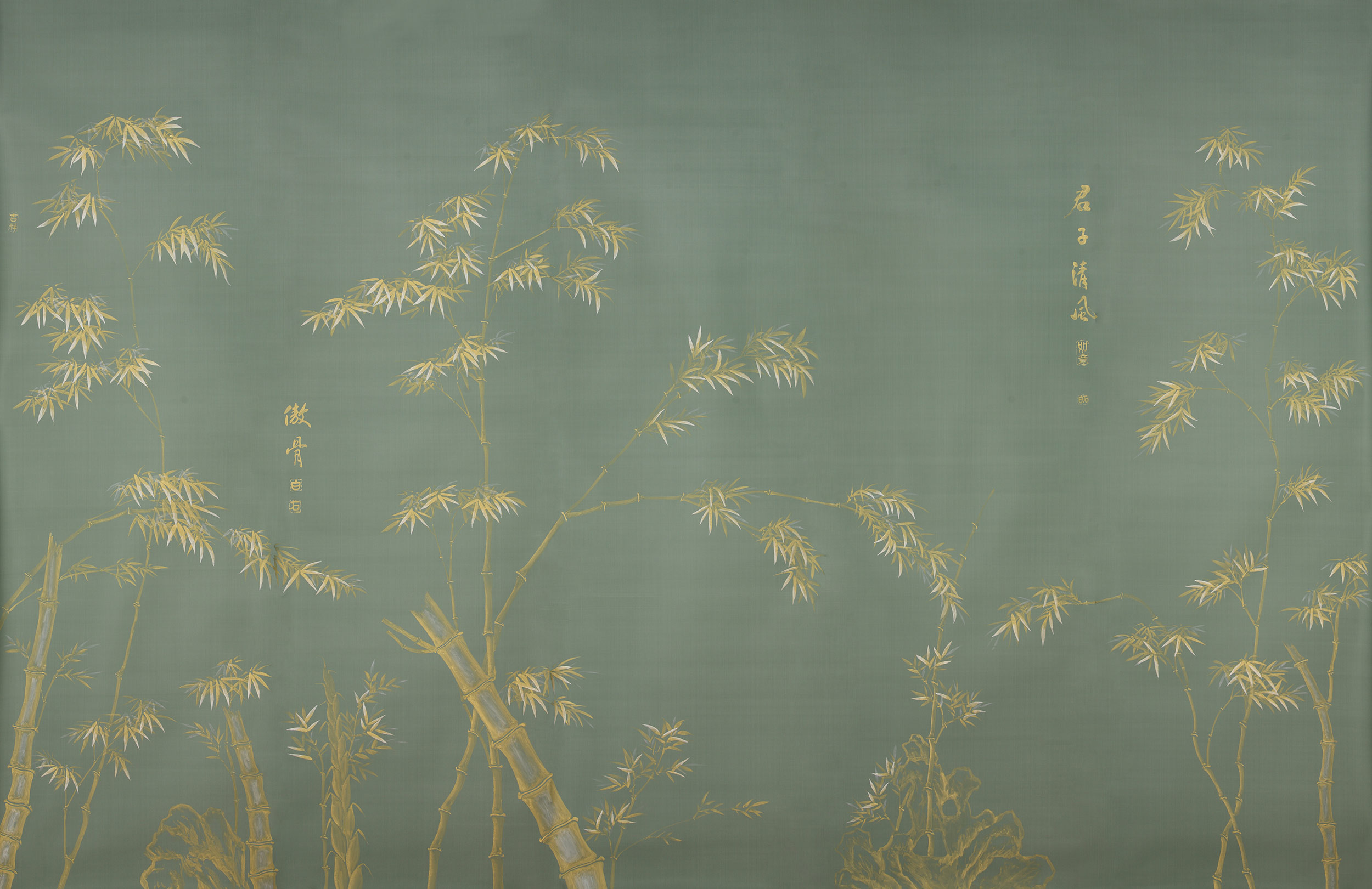 Обои ручная роспись Bamboo Golden on Blue grey dyed silk Обои ручная роспись Bamboo Golden on Blue grey dyed silk - постер Loft-Concept в Барнауле