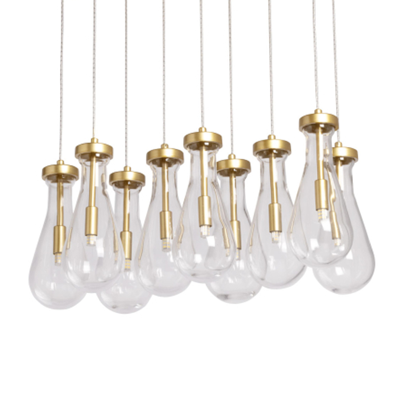 Люстра с 9-ю прозрачными стеклянными плафонами в форме капли Lucid Rain  Золотой Прозрачный в Барнауле | Loft Concept 