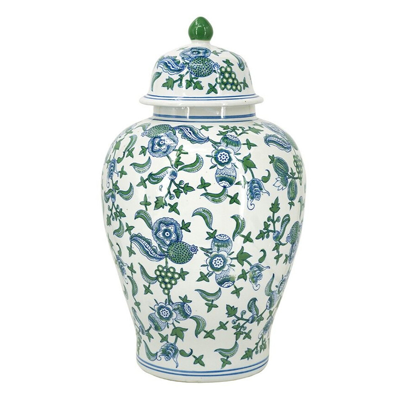 Ваза с крышкой и зелено-голубым цветочным узором на белом фоне Blue & White Ornament Белый Синий Ваза с крышкой и зелено-голубым цветочным узором на белом фоне Blue & White Ornament Белый Синий в Барнауле | Loft Concept
