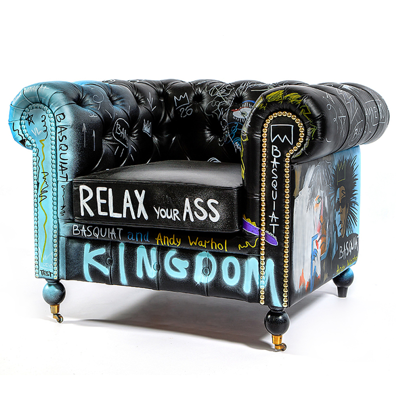 Кресло "Баския и Уорхол" Basquiat Warhol graffiti chair натуральная кожа Черный Мульти в Барнауле | Loft Concept 