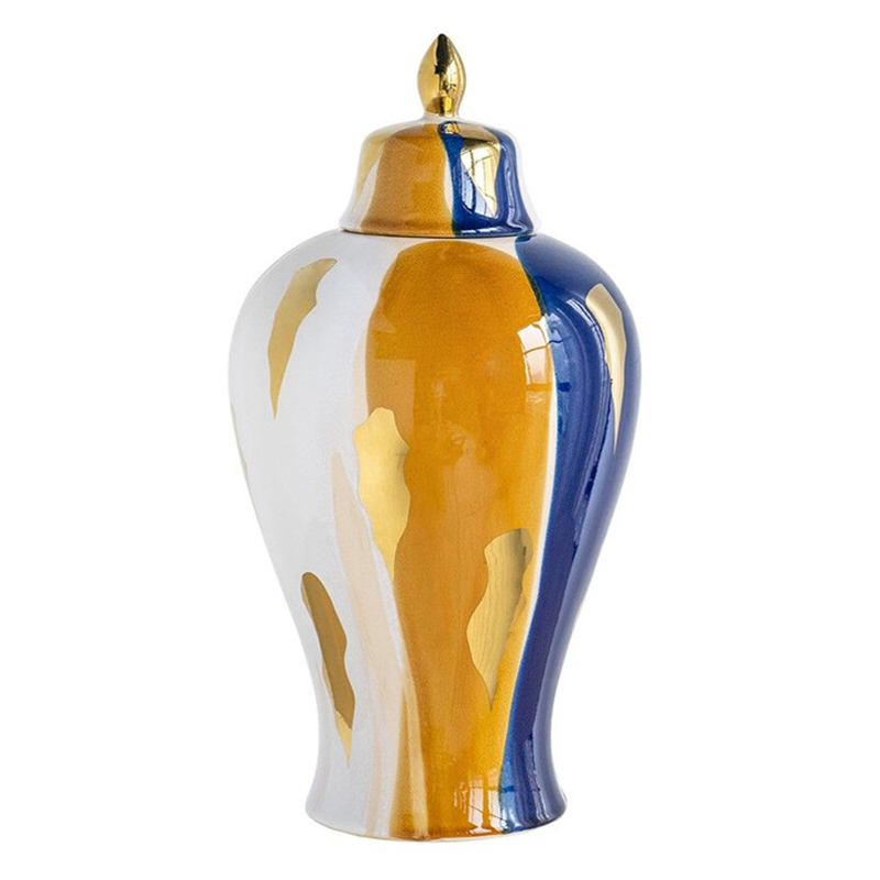 Ваза с крышкой и мазками синего и золого цвета на белом фоне Chinoiserie Ceramics Белый Оранжевый Золотой Синий Ваза с крышкой и мазками синего и золого цвета на белом фоне Chinoiserie Ceramics Белый Оранжевый Золотой Синий в Барнауле | Loft Concept