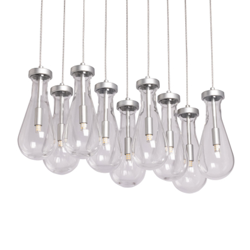 Люстра с 9-ю прозрачными плафонами из стекла в форме капли на прямоугольном потолочном основании цвета хром Lucid Rain  Серебряный Прозрачный в Барнауле | Loft Concept 