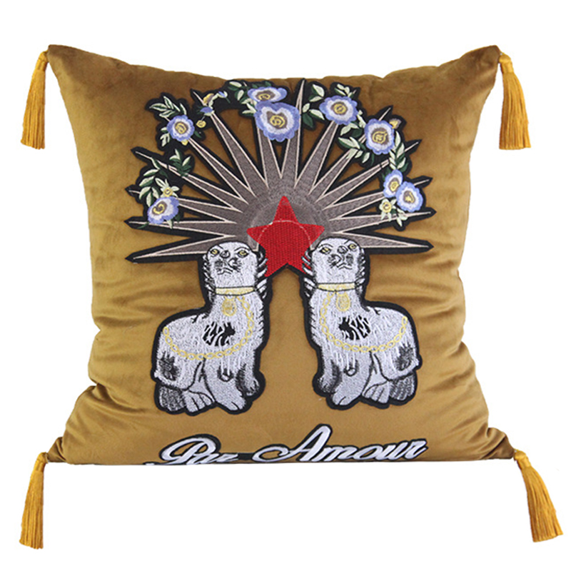 Декоративная подушка с вышивкой Стиль Gucci Two Dogs Cushion Горчичный Золотой Мульти Декоративная подушка с вышивкой Стиль Gucci Two Dogs Cushion Горчичный Золотой Мульти в Барнауле | Loft Concept