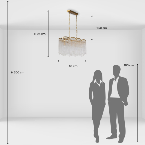 Люстра прямоугольная на цепях с прозрачными трубками и волнистым краем Nembus в Барнауле