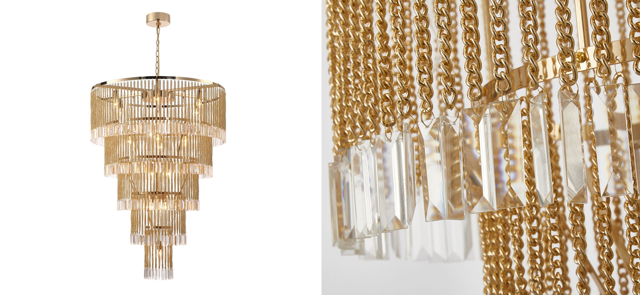 Многоярусная люстра с подвесками из хрусталя на золотых цепочках Goldy - фото