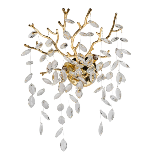 Бра золотого цвета с декоративными ветвями и прозрачными подвесками в форме листьев Droplet Chandelier Золотой Прозрачный в Барнауле | Loft Concept 