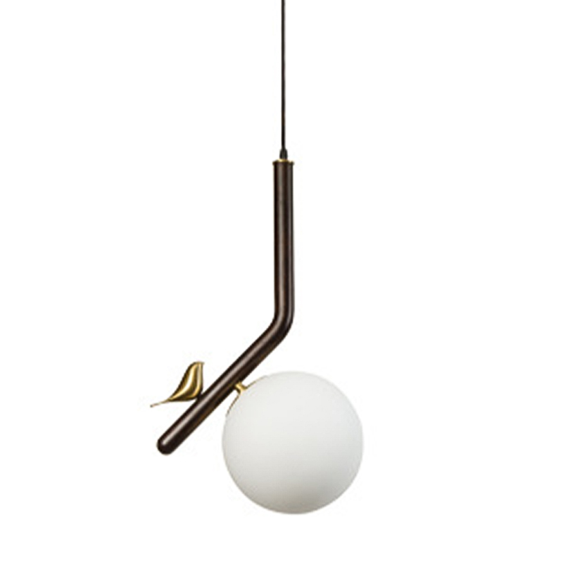Подвесной светильник с птичкой Bird Wood Hanging Lamp Белое матовое стекло Коричневый Латунь Подвесной светильник с птичкой Bird Wood Hanging Lamp Белое матовое стекло Коричневый Латунь в Барнауле | Loft Concept