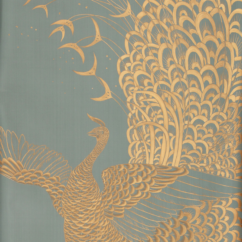 Обои ручная роспись в стиле Арт-деко Whistler Peacocks Golden colourway on Blue Grey dyed silk Обои ручная роспись в стиле Арт-деко Whistler Peacocks Golden colourway on Blue Grey dyed silk в Барнауле | Loft Concept