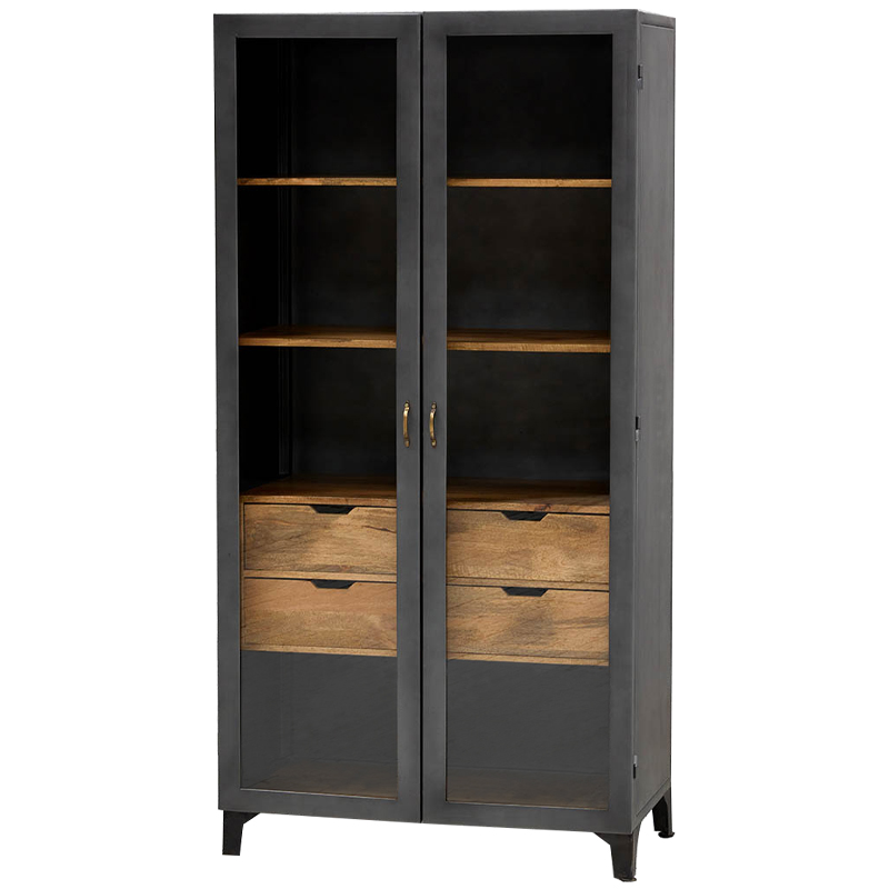 Шкаф металлический в стиле лофт с деревянными ящиками Russell Cabinet Графитовый Древесина Латунь Шкаф металлический в стиле лофт с деревянными ящиками Russell Cabinet Графитовый Древесина Латунь в Барнауле | Loft Concept