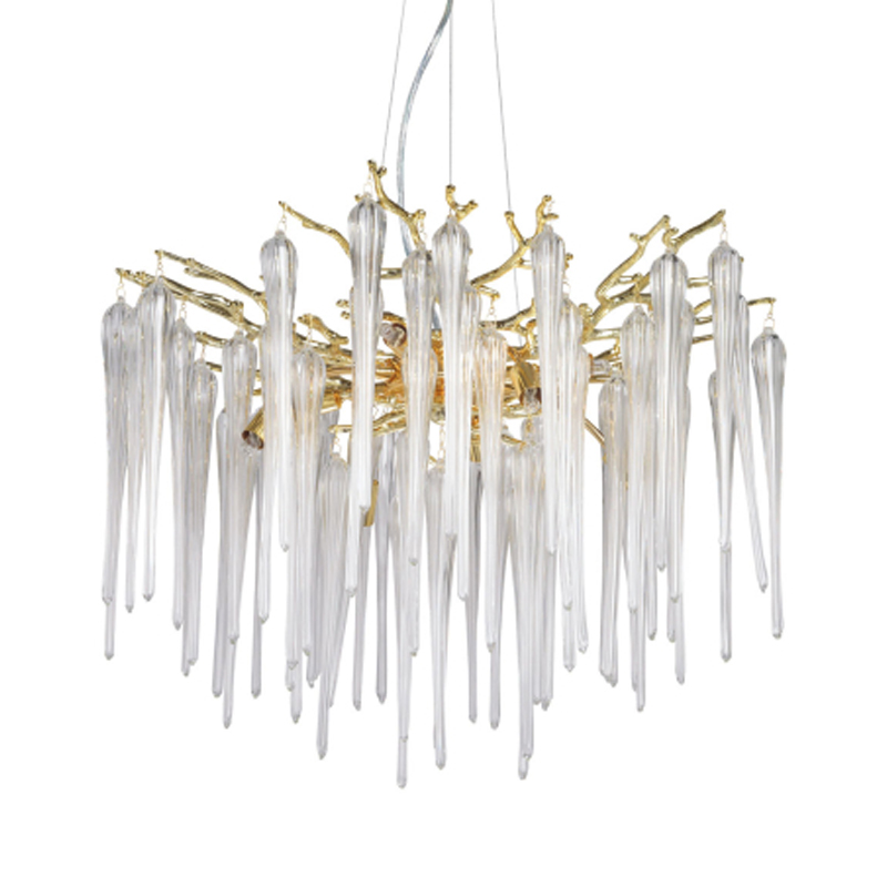 Люстра золотого цвета с декоративными ветками и длинными прозрачными стеклянными подвесами в форме сосулек Droplet Chandelier Золотой Прозрачный в Барнауле | Loft Concept 