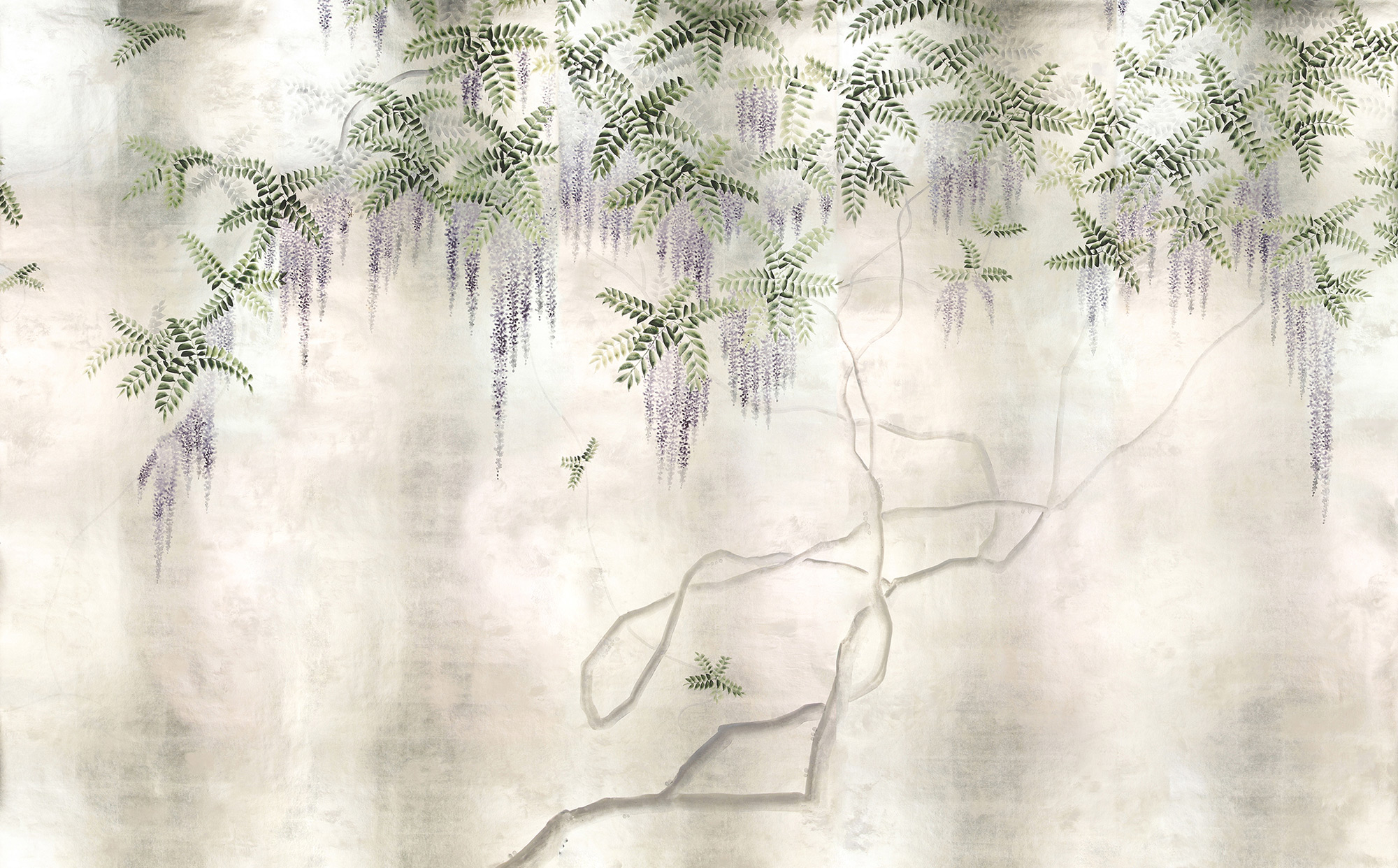 Обои в японском стиле Wisteria Lavender on White Metal gilded paper with pearlescent antiquing Обои в японском стиле Wisteria Lavender on White Metal gilded paper with pearlescent antiquing - постер Loft-Concept в Барнауле