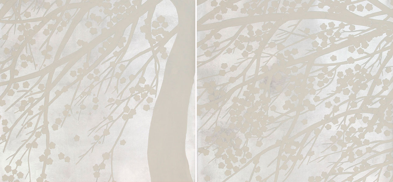 Обои ручная роспись Windswept Blossom Blossom on Sterling Silver gilded silk with pearlescent antiquing - фото