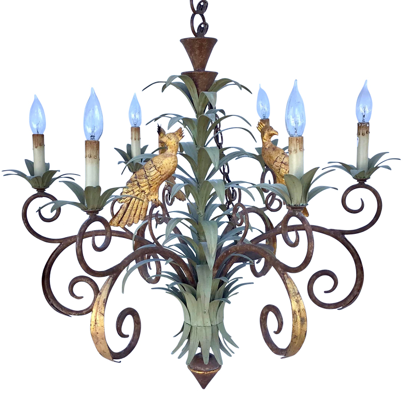 Люстра Дизайнерская Пальма с Попугаями Large Palm Leaf and Parrot Tole Chandelier Винтажное Темное Золото  Зеленый в Барнауле | Loft Concept 