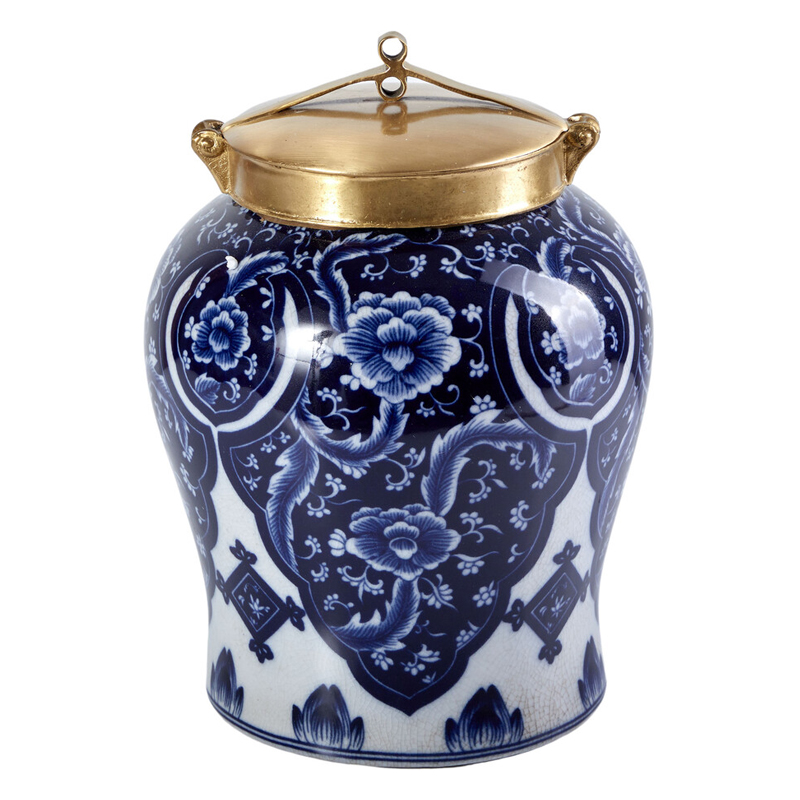 Ваза с насыщенным синим орнаментом и золотой крышкой Blue & White Ornament Белый Синий Золотой Ваза с насыщенным синим орнаментом и золотой крышкой Blue & White Ornament Белый Синий Золотой в Барнауле | Loft Concept