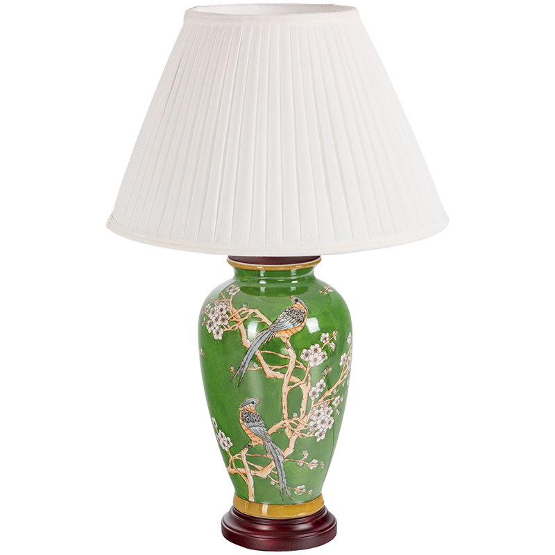 Настольная лампа с абажуром Birds Green Chinoiserie Lampshade Зеленый Белый Коричневый Настольная лампа с абажуром Birds Green Chinoiserie Lampshade Зеленый Белый Коричневый в Барнауле | Loft Concept
