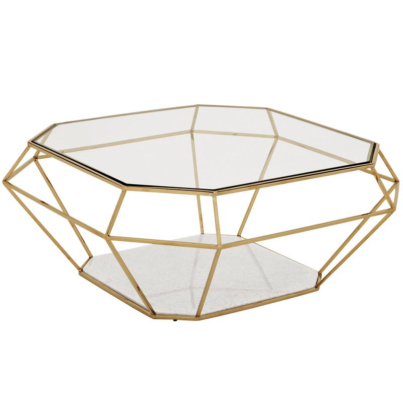 Кофейный стол Eichholtz Coffee Table Asscher Золотой Прозрачный Белый Мрамор Bianco в Барнауле | Loft Concept 