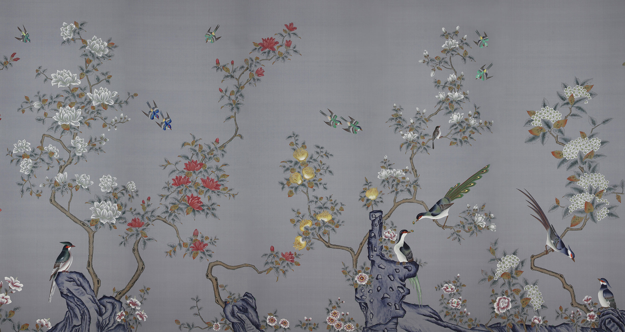 Обои ручная роспись Japanese Garden Original colourway on Gun Metal dyed silk Обои ручная роспись Japanese Garden Original colourway on Gun Metal dyed silk - постер Loft-Concept в Барнауле