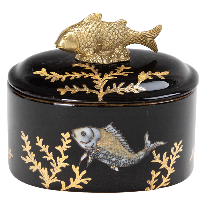 Шкатулка черная фарфоровая Золотая Рыбка Gold fish Черный Золотой Шкатулка черная фарфоровая Золотая Рыбка Gold fish Черный Золотой в Барнауле | Loft Concept