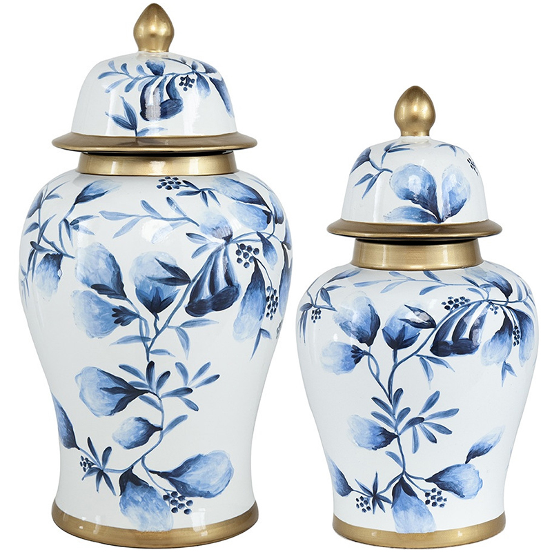 Ваза с крышкой Blue Plant Vase Золотой Белый Синий Ваза с крышкой Blue Plant Vase Золотой Белый Синий в Барнауле | Loft Concept