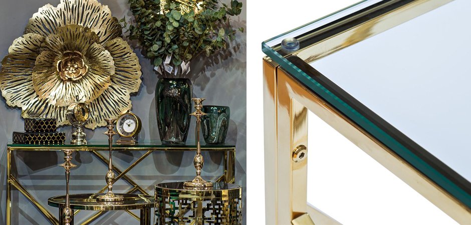 Консоль Serene Furnishing Gold Clear Glass Top Console Консоль Serene Furnishing Gold Clear Glass Top Console - Loft-Concept в Барнауле