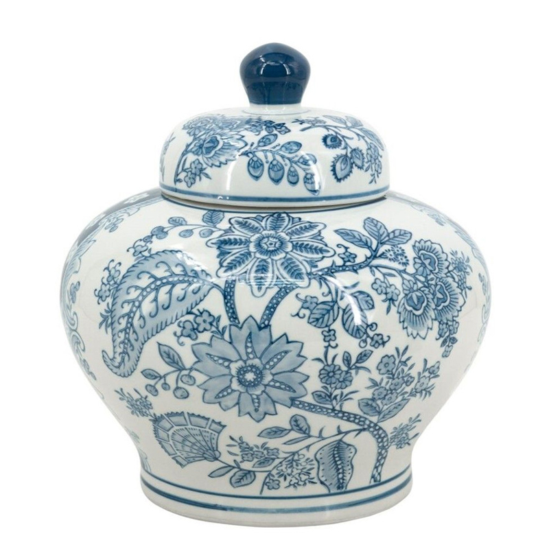 Ваза с крышкой и синим узором в виде цветов и листьев Blue & White Ornament Белый Синий Ваза с крышкой и синим узором в виде цветов и листьев Blue & White Ornament Белый Синий в Барнауле | Loft Concept