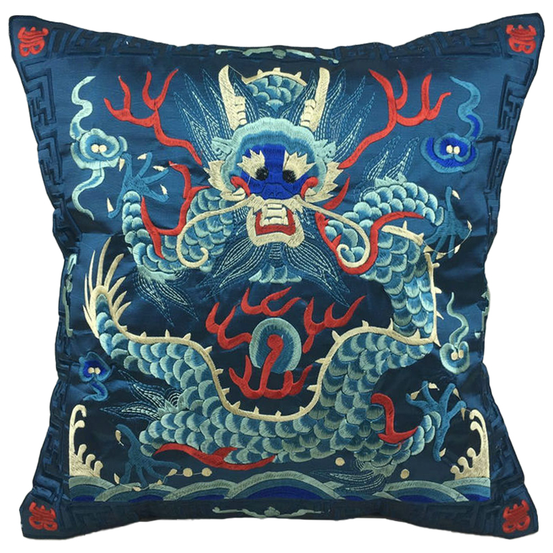 Декоративная подушка с вышивкой Chinese Dragon Blue Мульти Синий Декоративная подушка с вышивкой Chinese Dragon Blue Мульти Синий в Барнауле | Loft Concept
