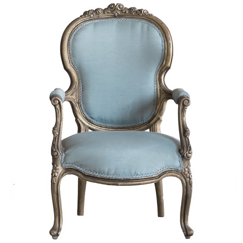 Кресло Arm Carved Chair  blue linen Голубой пастельный Темный дуб в Барнауле | Loft Concept 
