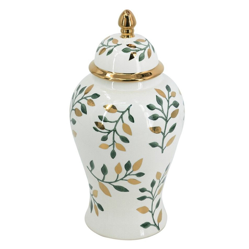 Ваза белая с крышкой с рисунком зеленых и золотых листьев 40 см Chinoiserie Ceramics Белый Зеленый Золотой Ваза белая с крышкой с рисунком зеленых и золотых листьев 40 см Chinoiserie Ceramics Белый Зеленый Золотой в Барнауле | Loft Concept