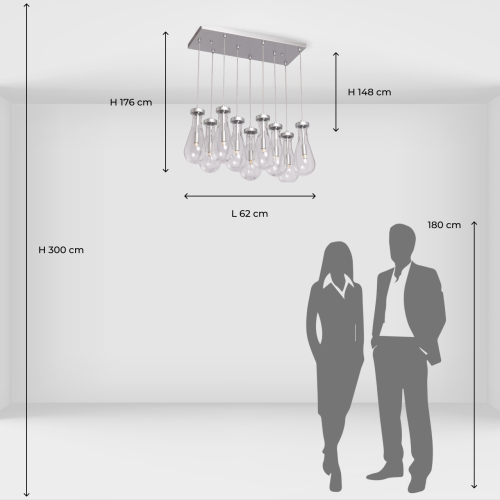 Люстра с 9-ю прозрачными плафонами из стекла в форме капли на прямоугольном потолочном основании цвета хром Lucid Rain  в Барнауле