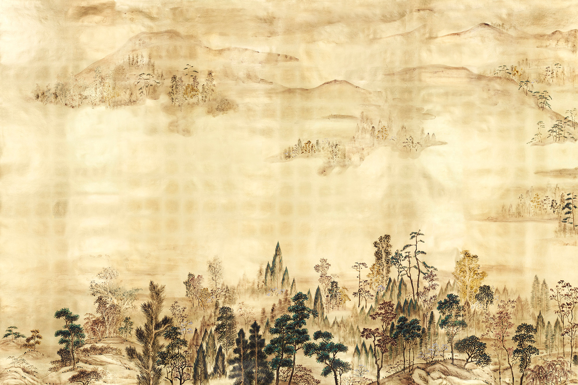 Обои ручная роспись Mountains Above Clouds Original colourway on Deep Rich Gold gilded paper Обои ручная роспись Mountains Above Clouds Original colourway on Deep Rich Gold gilded paper - постер Loft-Concept в Барнауле