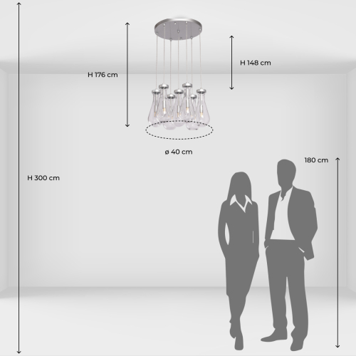 Люстра с 7-ю прозрачными плафонами из стекла в форме капли на круглом потолочном основании цвета хром Lucid Rain  в Барнауле
