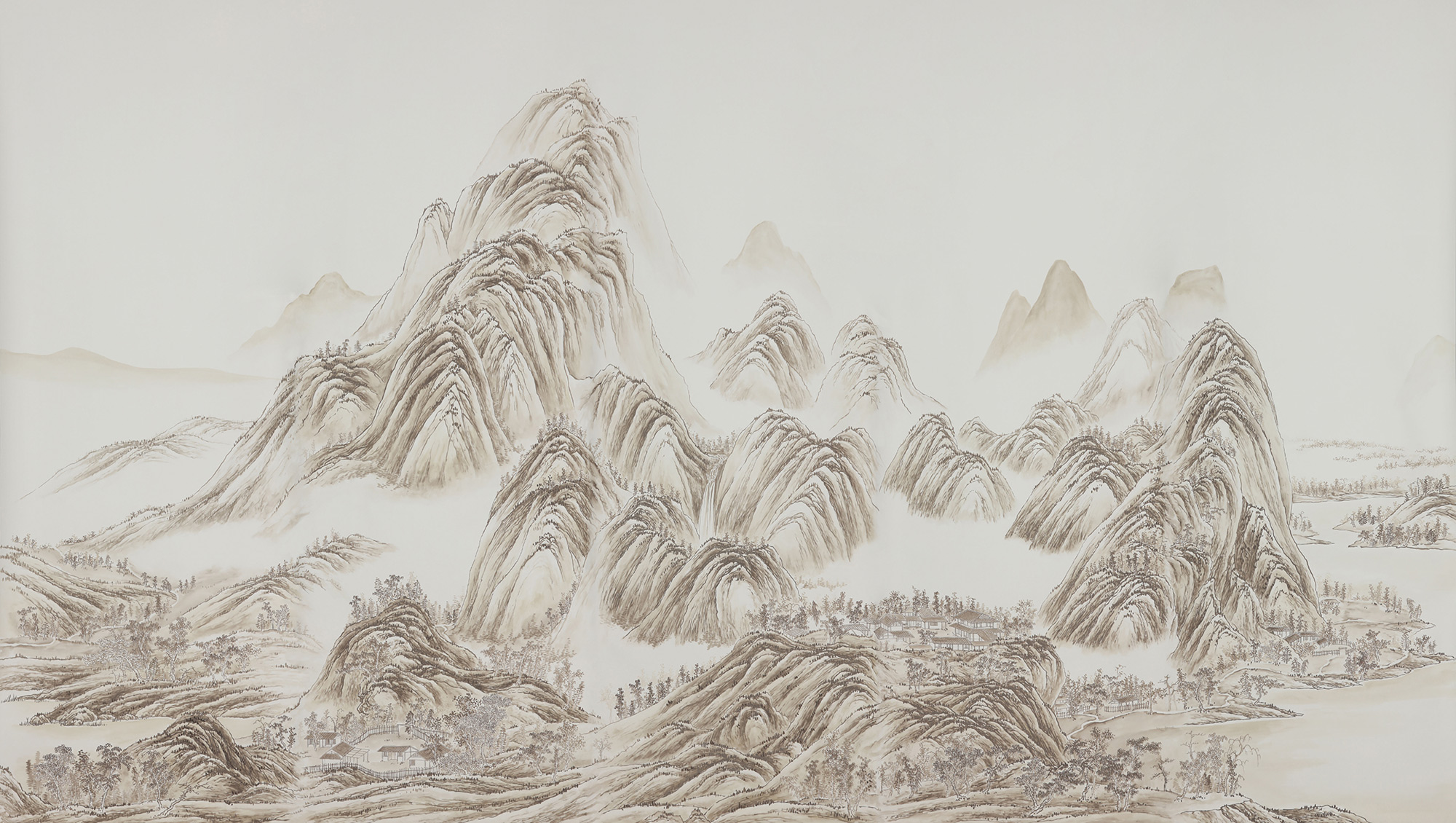 Обои ручная роспись A Thousand Li of Rivers and Mountains Special Colourway on Bleached White dyed silk 2 Обои ручная роспись A Thousand Li of Rivers and Mountains Special Colourway on Bleached White dyed silk 2 - постер Loft-Concept в Барнауле