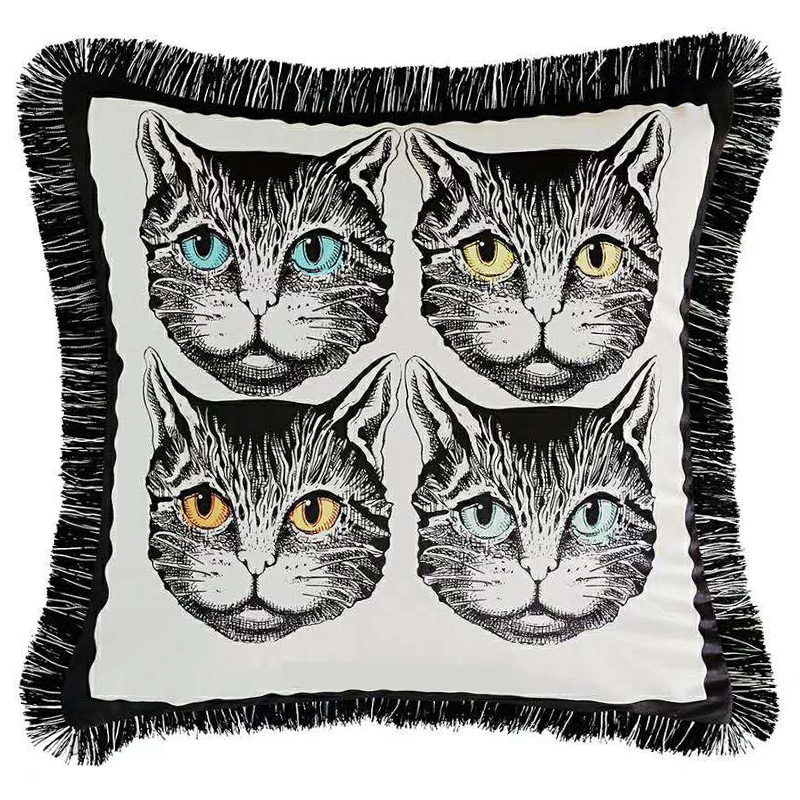Декоративная подушка с вышивкой Cтиль Gucci Four Cats White Черно-белый Декоративная подушка с вышивкой Cтиль Gucci Four Cats White Черно-белый в Барнауле | Loft Concept