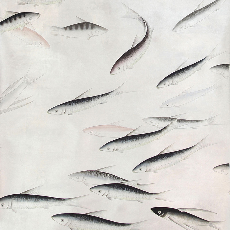 Обои ручная роспись Fishes Blue Pearl on Tarnished Silver gilded silk with pearlescent antiquing Обои ручная роспись Fishes Blue Pearl on Tarnished Silver gilded silk with pearlescent antiquing в Барнауле | Loft Concept