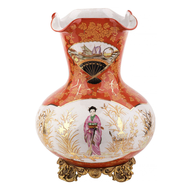 Ваза красного цвета с рисунком Chinoiserie Ceramics Белый Красный Бронза Ваза красного цвета с рисунком Chinoiserie Ceramics Белый Красный Бронза в Барнауле | Loft Concept