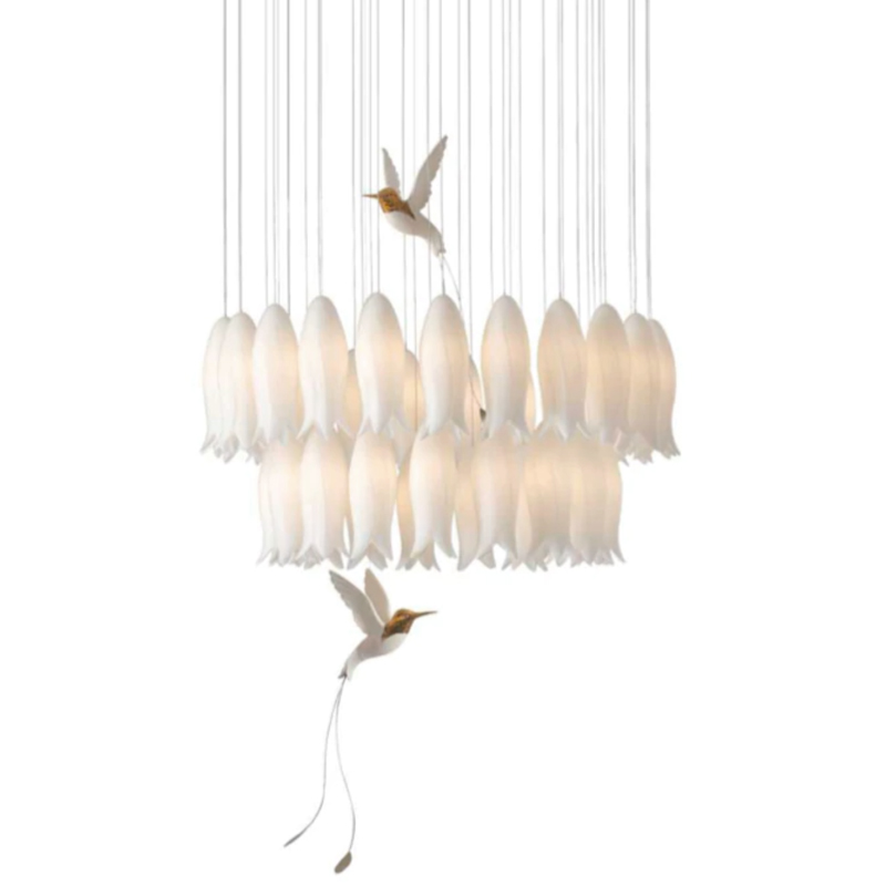 Люстра c Птичками Колибри Sagarti Pendant lamp ALBA Flowers & Birds Белый Золотой в Барнауле | Loft Concept 