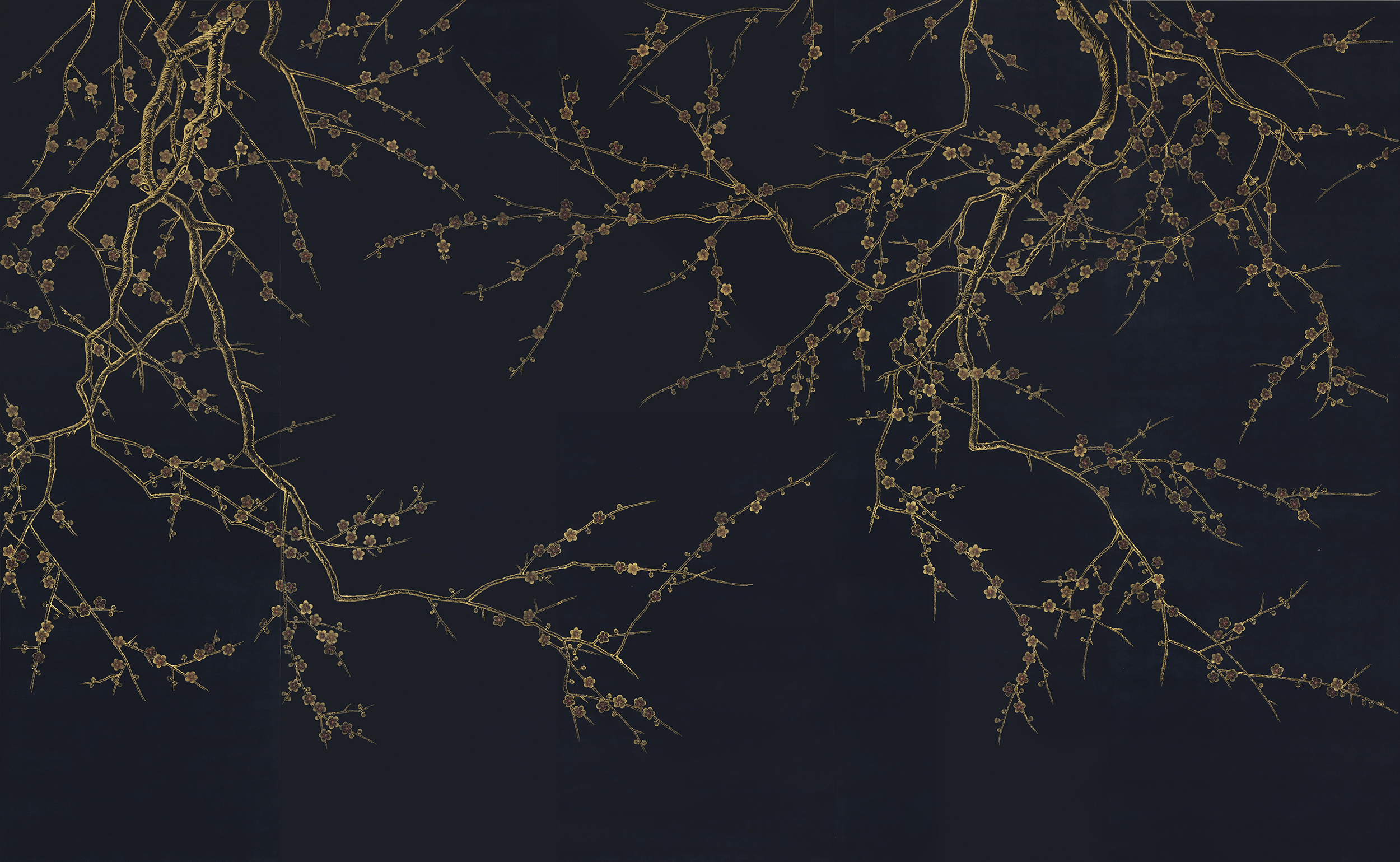 Обои ручная роспись Plum Blossom Colourway SC-226 on black painted silk Обои ручная роспись Plum Blossom Colourway SC-226 on black painted silk - постер Loft-Concept в Барнауле