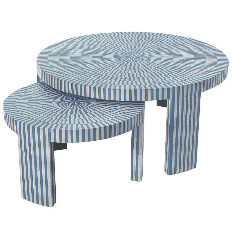Комплект журнальных столов с инкрустацией Stripes Set of two tables blue Белый Голубой в Барнауле | Loft Concept 