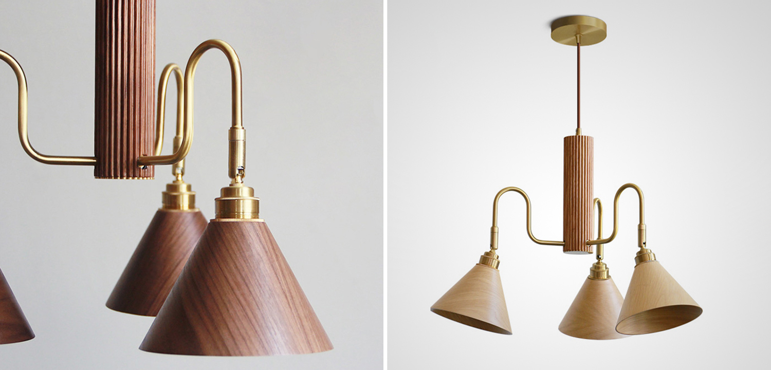 Люстра с поворотными плафонами конусообразной формы из дерева с латунной отделкой DOMENIC - фото