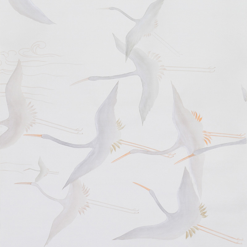 Обои ручная роспись Cranes Scroll Original colourway on Natural Mica metallic silk  в Барнауле | Loft Concept 