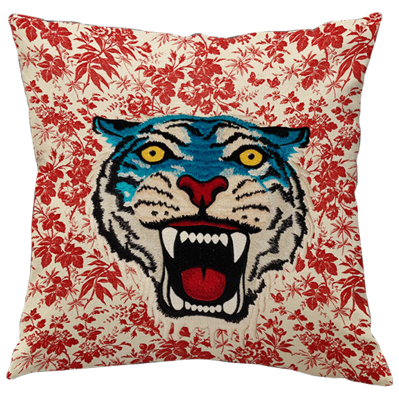 Декоративная подушка Стиль Gucci Blue Tiger Красный Бежевый Голубой Мульти Декоративная подушка Стиль Gucci Blue Tiger Красный Бежевый Голубой Мульти в Барнауле | Loft Concept