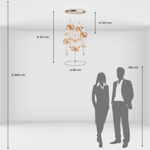 Люстра с плафонами из прозрачного и янтарного стекла в виде шаров и ромбов Gabriel Scott Luna в Барнауле