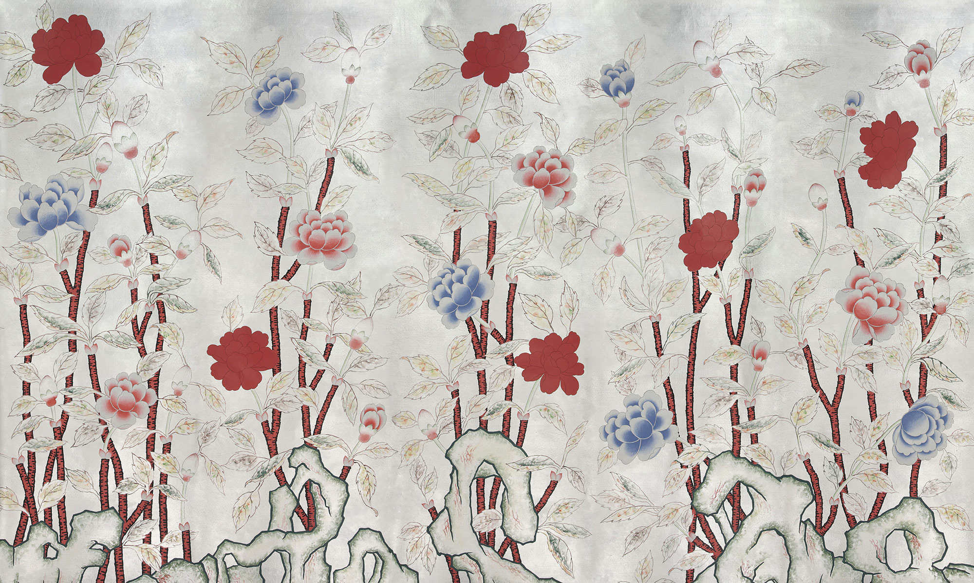 Обои ручная роспись Korean Peony Original colourway on Ocean Silver gilded silk with pearlescent antiquing Обои ручная роспись Korean Peony Original colourway on Ocean Silver gilded silk with pearlescent antiquing - постер Loft-Concept в Барнауле