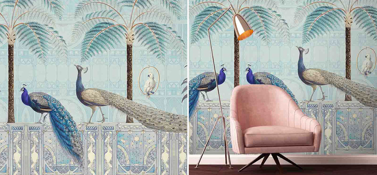 Обои ручная роспись Chinoiserie Birds Palace Sapphire - фото