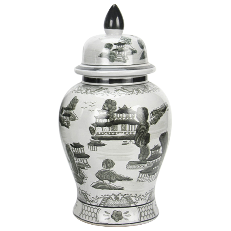 Ваза с крышкой Chinoiserie Ceramics Village Vase Серый Белый Ваза с крышкой Chinoiserie Ceramics Village Vase Серый Белый в Барнауле | Loft Concept