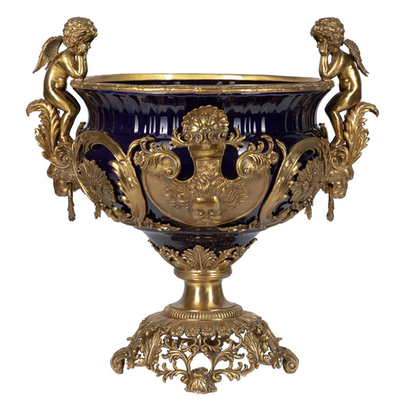Чаша темно-синего цвета с фигурками ангелов и рельефным декором Eden Garden porcelain and bronze Темно-синий Бронза Чаша темно-синего цвета с фигурками ангелов и рельефным декором Eden Garden porcelain and bronze Темно-синий Бронза в Барнауле | Loft Concept