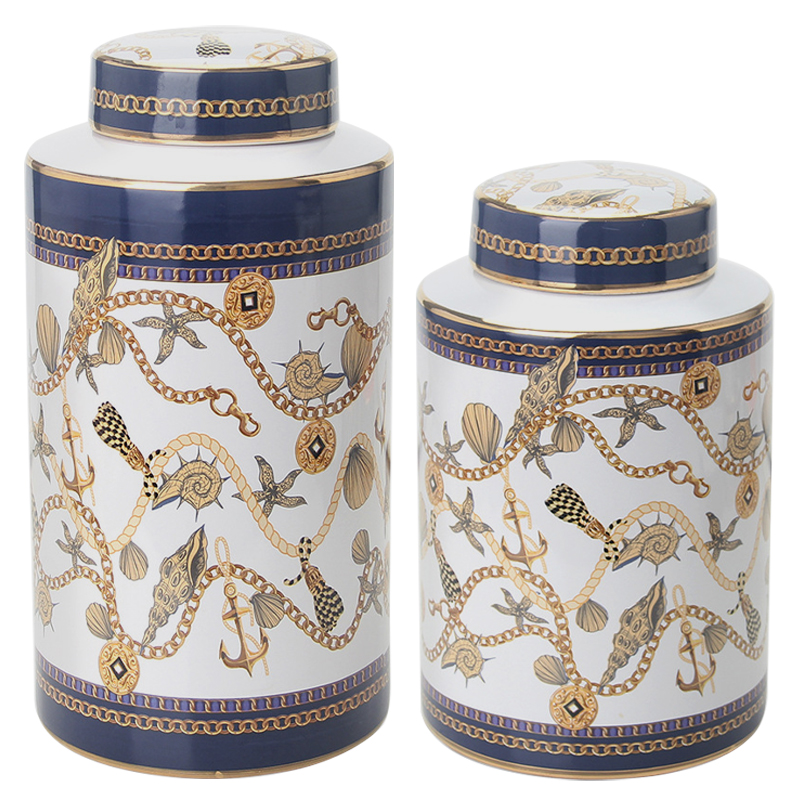 Ваза с крышкой Marine Motif Vase Белый Синий Золотой Бежевый Ваза с крышкой Marine Motif Vase Белый Синий Золотой Бежевый в Барнауле | Loft Concept